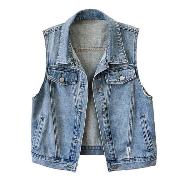 Idoravan Womens Denim Vest Sleeveless Jeans Jacket Women's Fashion Vintage Denim Turndown Collar Cardigan Pocket Top Sleeveless Denim Outwear Jackets