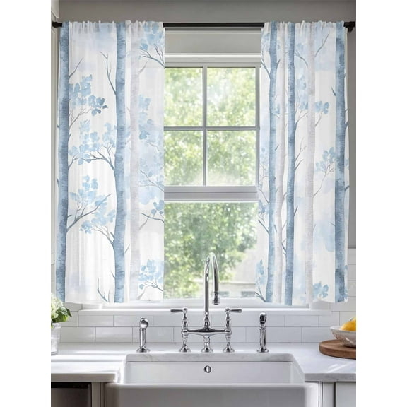 Blue Grey Branches Sheer Curtains for Living Room Bedroom Vintage Blue Forest Gray Sheer Curtains 63 Inch Long 2 Panels Set Light Filtering Curtain Window Treatments Drapes for Dining Room