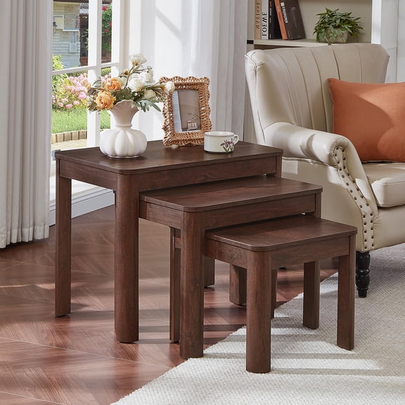 Farmhouse Nesting Coffee Tables Set of 3, Walnut Finish, Rounded Corners