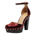 thumbnail image 3 of FSJ Women Retro Round Closed Toe Sandals Studded Rivet Platform Ankle Strap Chunky Block Heel Pumps Office Church Shoes Size 8 Red, 3 of 5