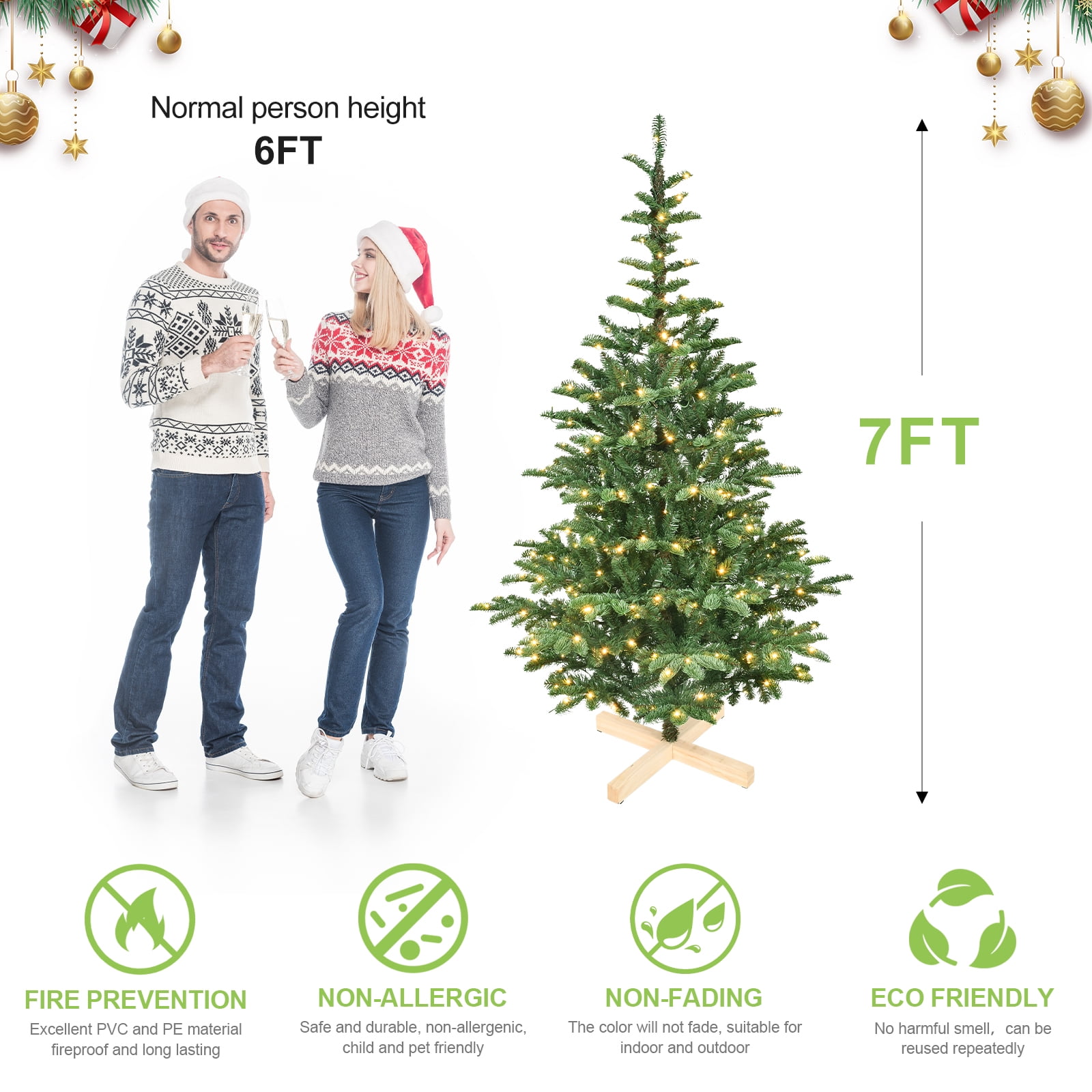8ft Prelit Christmas Tree with Wooden Base 1307 Tips 500 Warm White LED Lights Rustic Holiday Decor