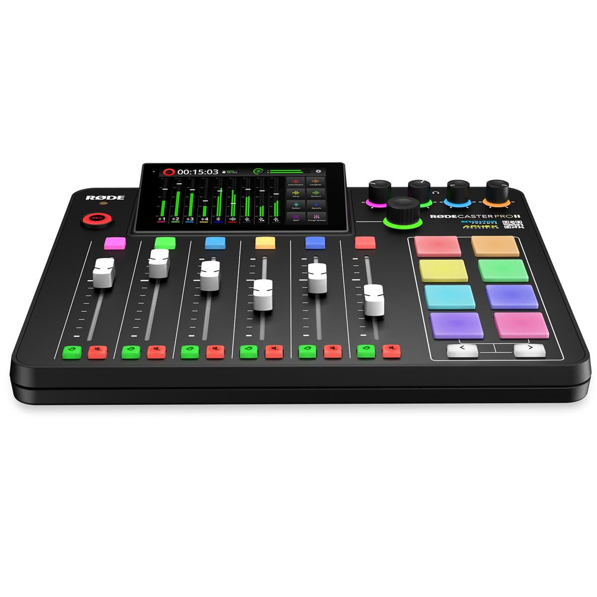 Rode RODECaster Pro II Production Studio Console, Bundle with 4x Turnstile Audio TAP500 Broadcast Microphones and 4x On-Stage DS7200B Mic Stand