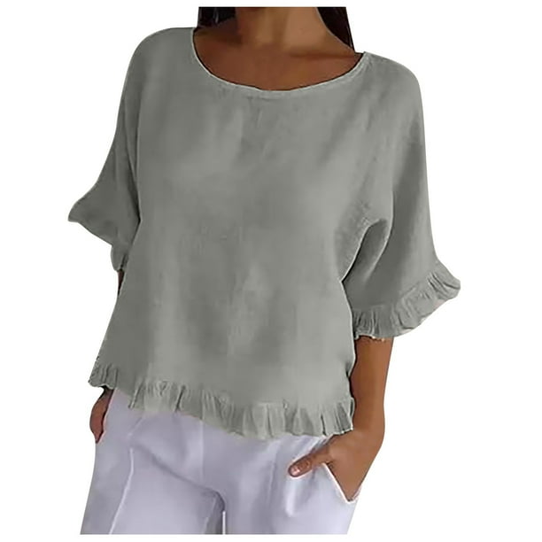 Blusa de manga corta con cuello redondo y volantes en el bajo, mezcla de lino, para mujer - S-XXXL