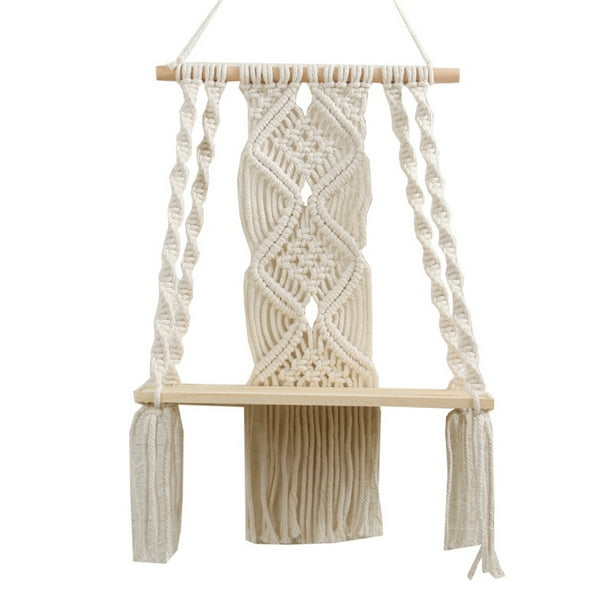 Estante colgante de pared de macramé bohemio, decoración de pared de macramé, tapiz con borlas tejidas, estante de pared hecho a mano, soporte para plantas de cuerda de algodón, tapiz