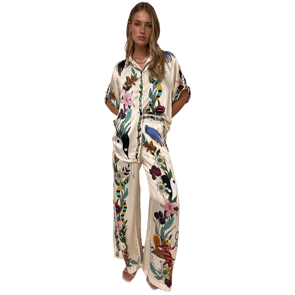 AURA Women 2 Piece Satin Outfit Graffiti Print Shirt and Pants Set, Short Sleeve Casual S-XXXL