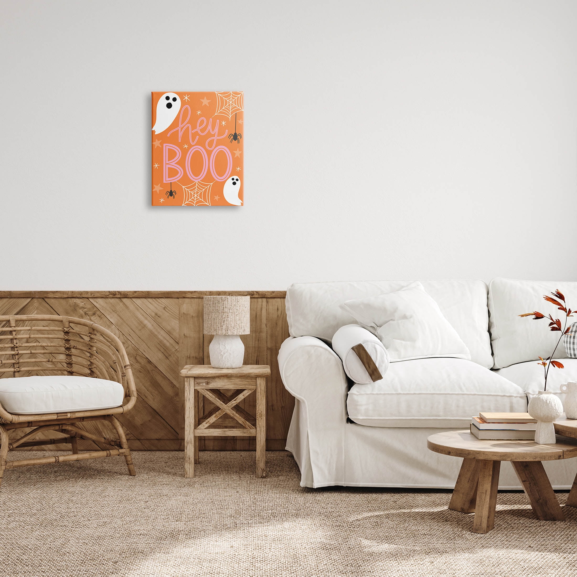 Hey Boo Orange Halloween Ghosts Holiday Graphic Art Gallery Wrapped Canvas Print Wall Art