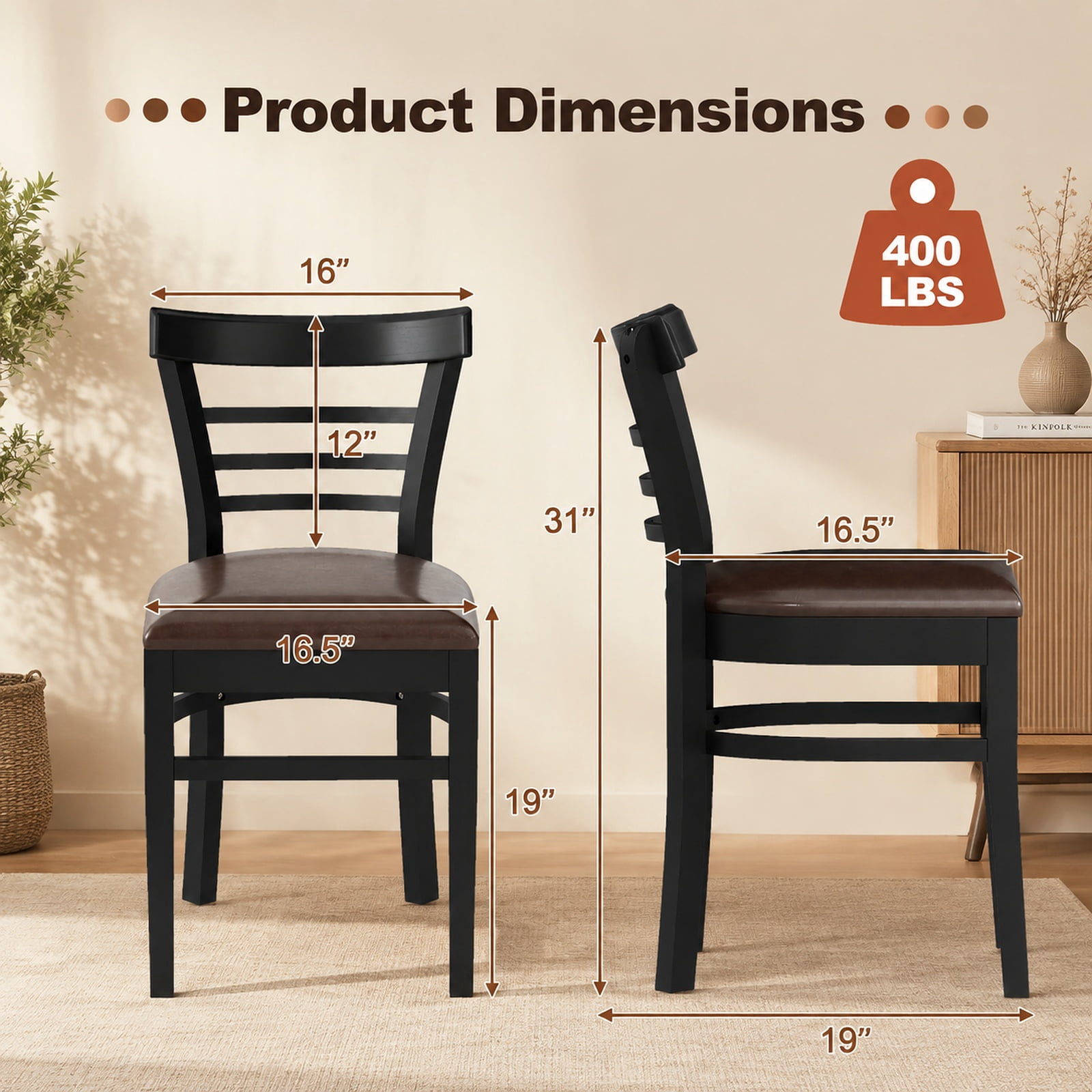 Furnibear Wooden Dining Chairs Set of 2 with Faux Leather Seats and Rubber Wood Legs for Restaurant Kitchen and Dining Room, Black