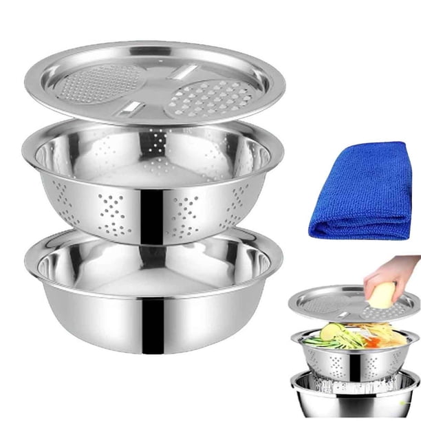 Juego de cuencos de colador de acero inoxidable | El lavabo multifuncional de 3 piezas incluye bandeja de afeitar, tazones de drenaje y condimentos | Gran capacidad para arroz, frutas, verduras