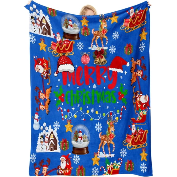 Christmas Blue Blanket For Sofa Bed Plush Flannel Throw Blanket