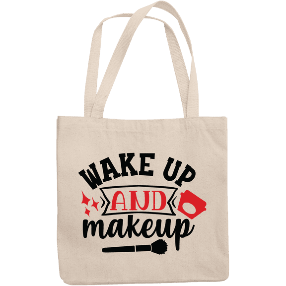 12oz Canvas Tote Bag - Wake up & Makeup with Powder Brush Design - Beauty Themed Merch for Makeup Artist or Cosmetologist, Gift for Makeup Lovers & Beauticians