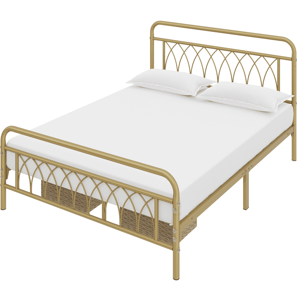 Alden Design Metal Platform Bed Frame with Headboard and Footboard, Queen, Antique Gold