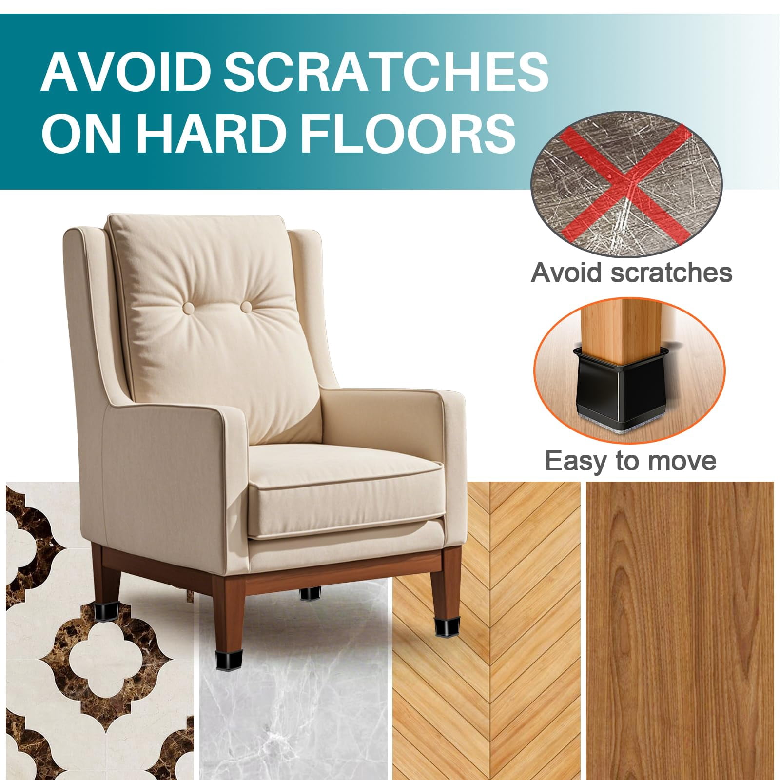 24 Chair Leg Floor Protectors Square Black Silicone Felt Furniture Pads Caps Covers For Hardwood Floors(fit:1-1/16" To 1-5/8")