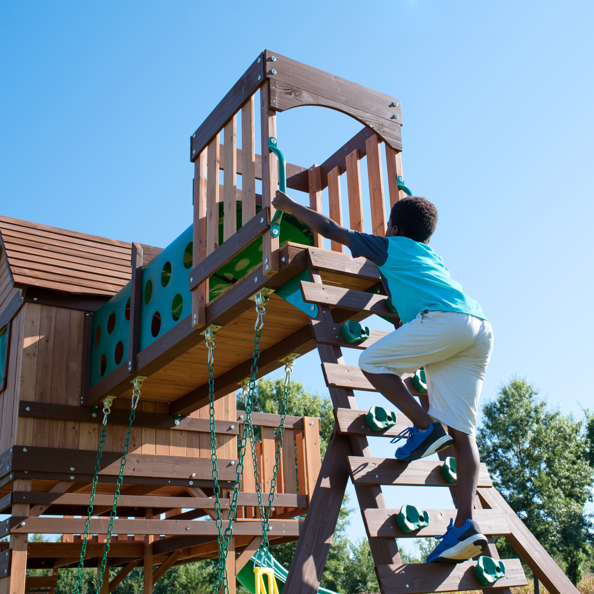Backyard Discovery Woodridge Elite Cedar Wood Swing Set, Slide, Clubhouse, Crawl Tunnel