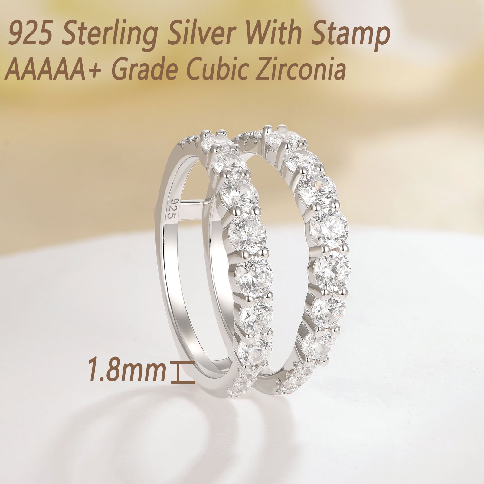 Wuziwen Ring Enhancer for Engagement Rings Two Row Sterling Silver Wedding Bands for Women Stackable Cubic Zirconia Size 5