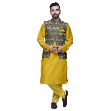 

Atasi Indian Long Kurta Men Solid Kurta Pajama With Printed Nehru Jacket Set