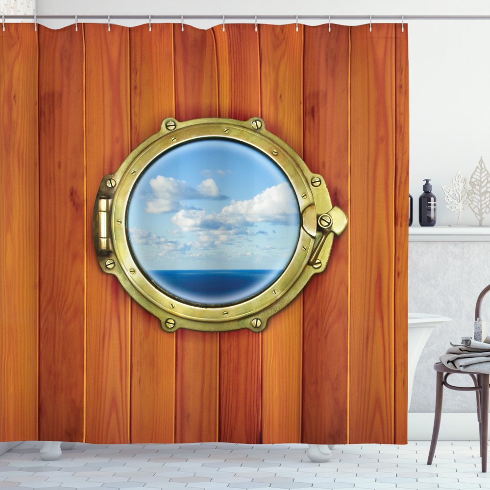 Nautical Shower Curtain, Porthole Wooden Background Window Ship Old