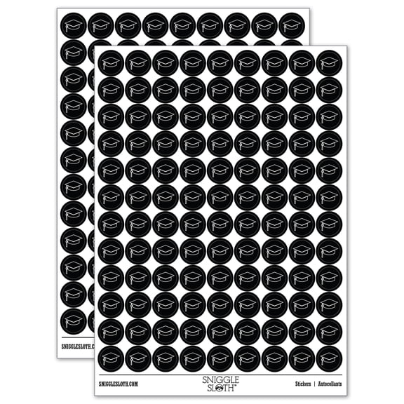 Graduation Cap Hat 200  Round Stickers - Black - Gloss Finish - 0.50" Size