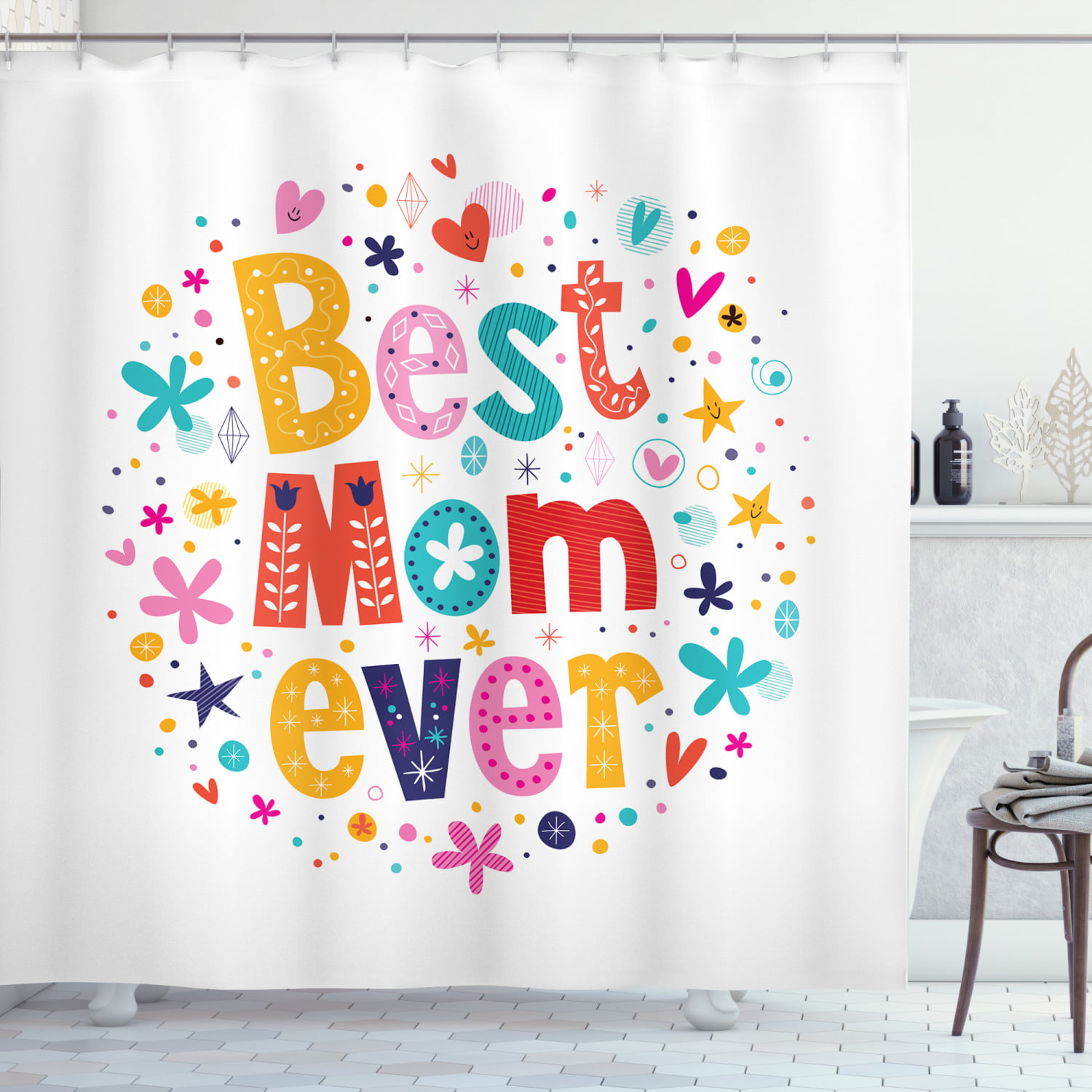 Happy Mother's Day Decor Shower Curtain Bathroom Waterproof Fabric Hook Mat Set 