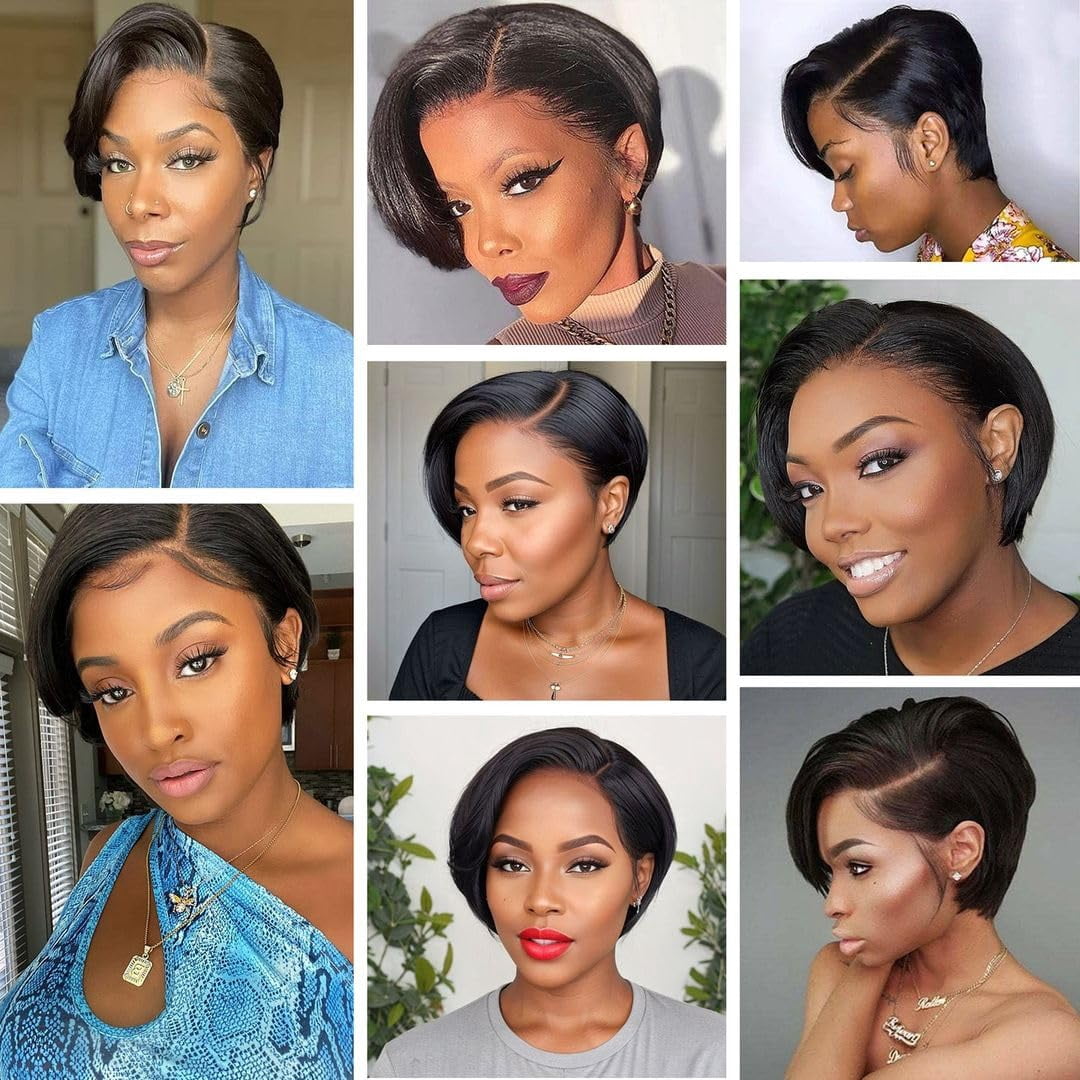 SPOU Short Pixie Cut Wig Human Hair 7X6 HD Lace Straight Wear and Go Glueless Wigs Human Hair 8inch Pre Plucked Pre Cut Short Pixie Wigs for Black Women (Natural Color)