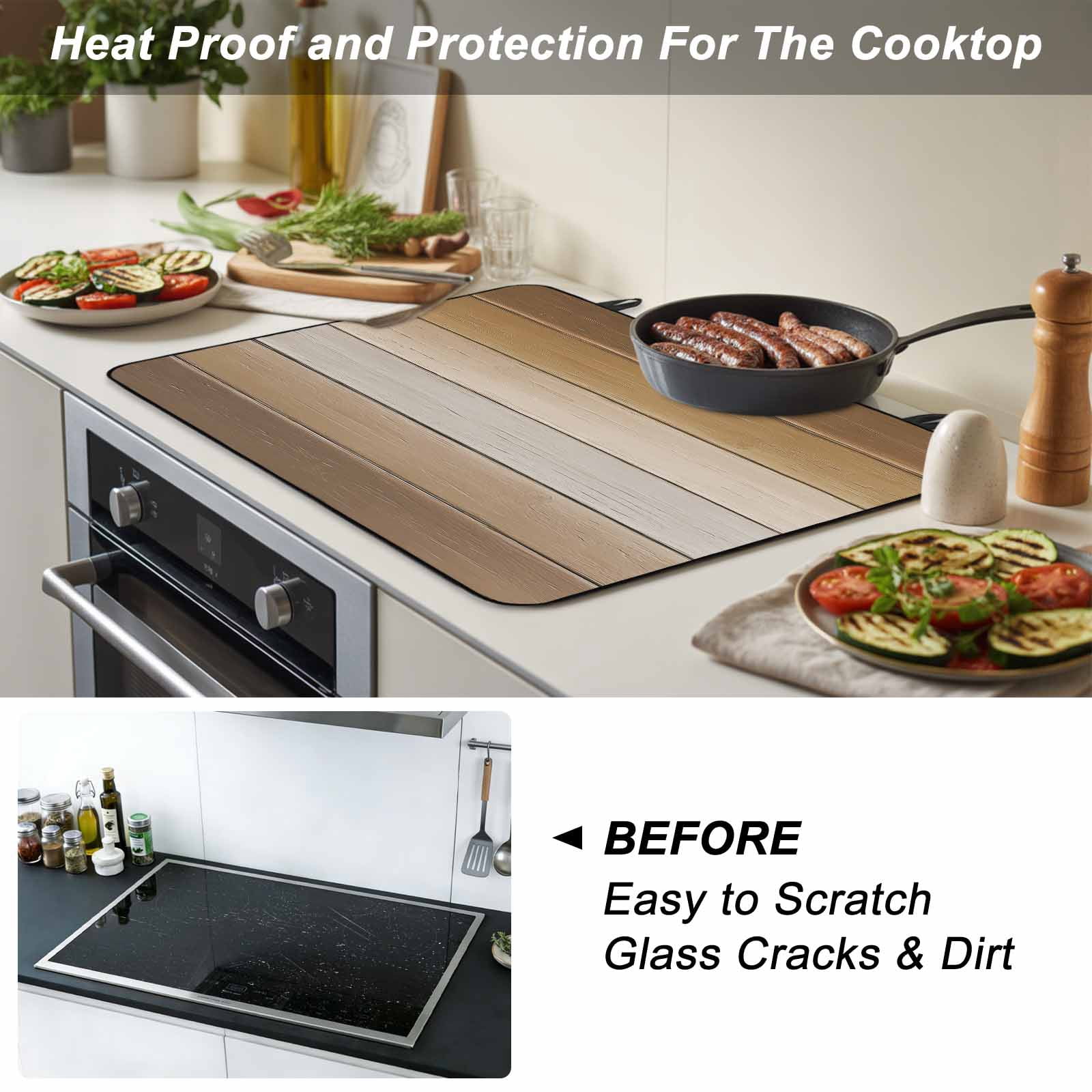 Brown Beige Stove Top Cover for Electric Stove, Heat-proof & Non Slip Glass Top Stove Cover Protector, Farmhouse Vintage Gradient Wooden Grain Kitchen Flat Cooktop Rubber Mat 36x21 Inches