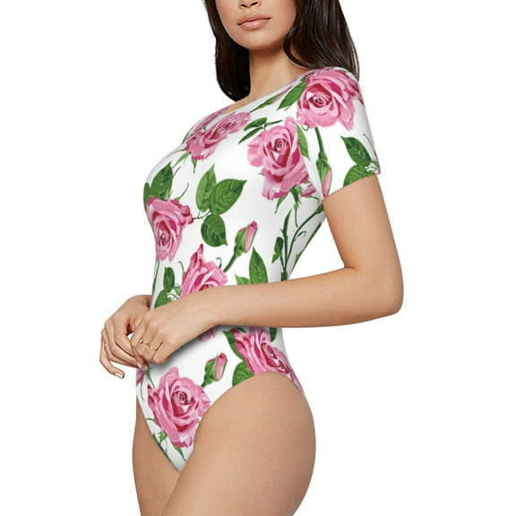 Rateoe Rose Flowers Printed Women Rash Guard Short Sleeve,Tummy control Swimsuit Surfing Swimsuit Bathing Suit Short-sleeved Onesie UPF 50