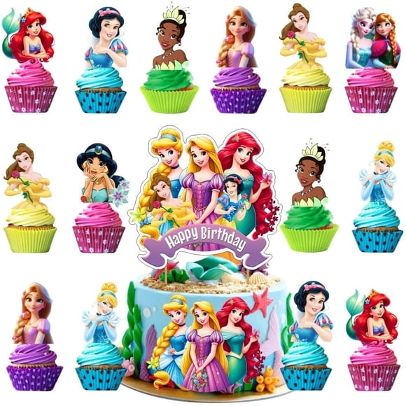 25Pcs Princess Cake Decorations with 24pcs Cupcake Toppers 1pcs Cake Topper for Princess Themed Birthday Party Supplies