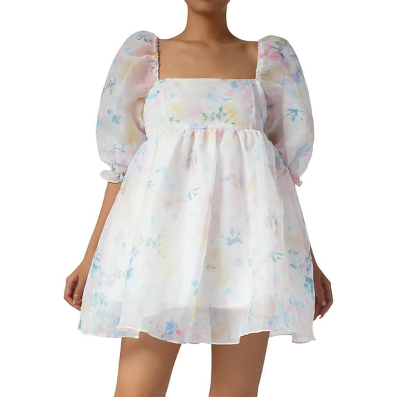 Qiylii Women's 2022 Summer Mini Princess Dresses Floral Print Puff Short Sleeves Square Neckline Open Back Mesh Dress