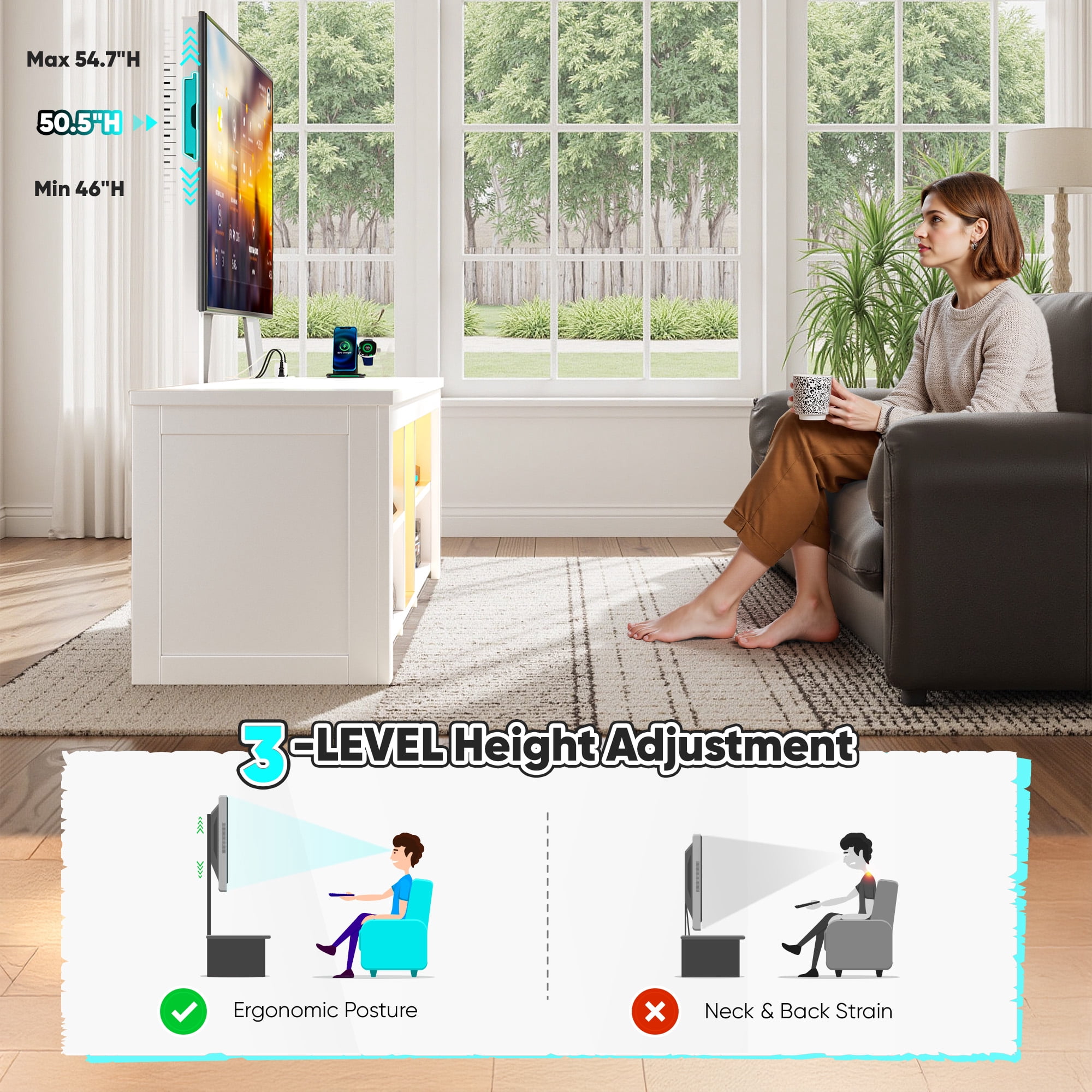 TV Stand with Mount & LED Lights for 70 inch TVs, Swivel Entertainment Center with Power Outlet, White