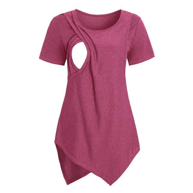 Jchiup Women's Short Sleeve Layered Irregular Hemline Maternity Nursing Tops