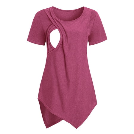 

Jchiup Women s Short Sleeve Layered Irregular Hemline Maternity Nursing Tops