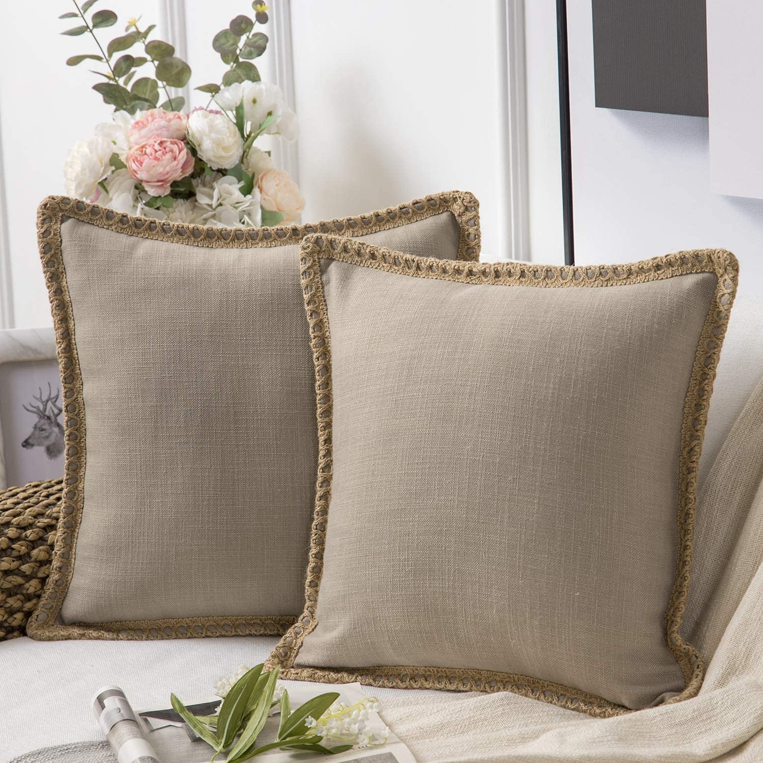 Pack of 2 Farmhouse Decorative Throw Pillow Covers Burlap Linen Trimmed Tailored Edges Beige 20 x 20 inches 50 x 50 cm Walmart