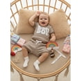 thumbnail image 5 of BemeyourBBs Infant Baby Boy Mama's Boy Outfit Newborn Boys Summer Clothes Waffle Knit Stripe Letter Embroidery Short Sleeve Romper Elastic Waist Shorts 2 Piece Set, 5 of 9