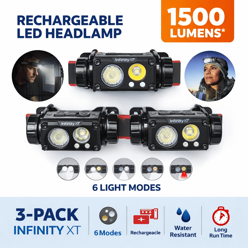 Infinity XT Rechargeable LED Headlamp, 1500 Lumens, 6 Light Modes, Water Resistant, 3-Pack