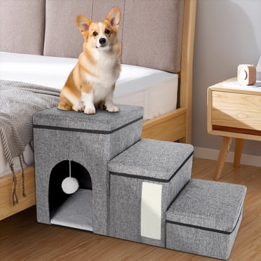 YUWENUS Dog Step Stair, 3-Step Pet Stairs with Storage Boxes, 17" Folding Dog Ramp Ladder for Small Medium Dogs