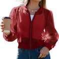 thumbnail image 3 of Women's Crop Mesh Sheer Bomber Jackets Lightweight Long Sleeve Zip Up Jacket Outwear, 3 of 6