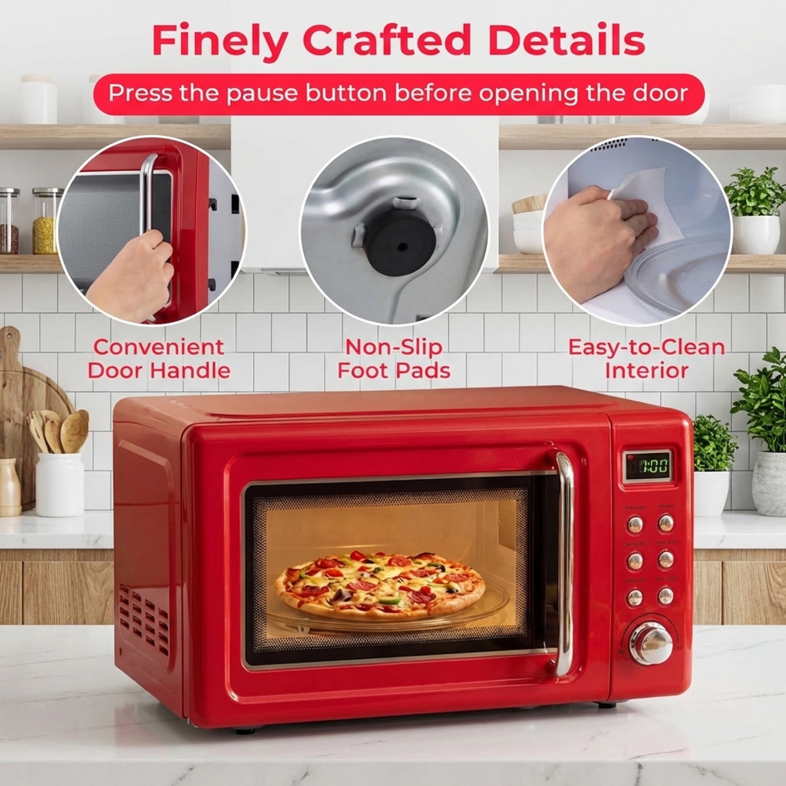 RUIE Retro Microwave Oven,700W 0.7 Cu.ft Countertop Microwave with 5 Power Levels and 8 Auto Cook Menus,LED Display,Child Lock,Compact Microwave for Apartment Dorm Office