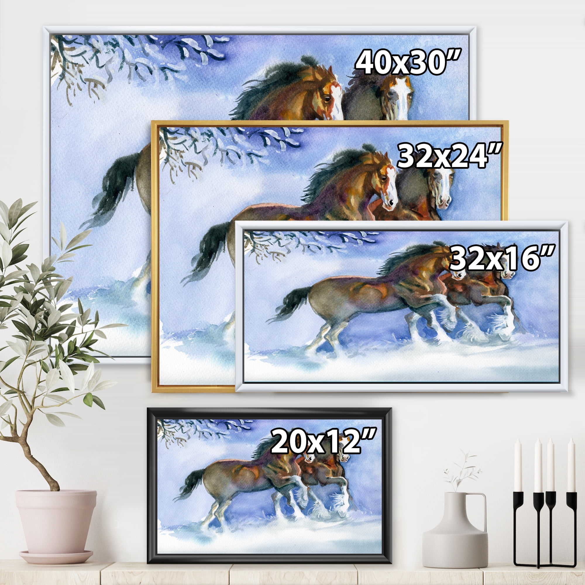 Designart 'Horses Running In Winter On Blue' Farmhouse Framed Canvas Wall Art Print
