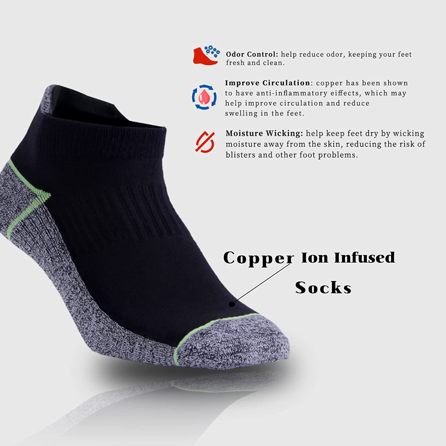 Copper Infused Ankle Socks with Odor Control, Moisture Wicking for Improved Comfort and Health (4/5 Pairs)