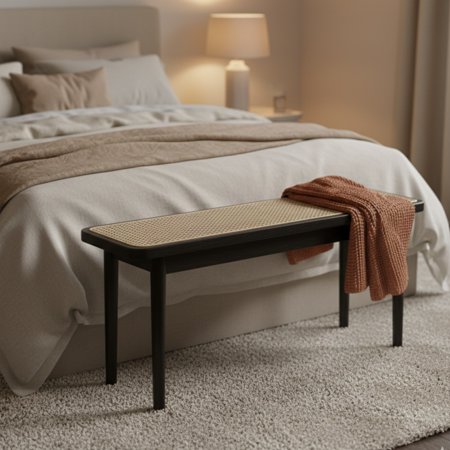 GOMYHOME Solid Oak Wood Entryway Bench with Rattan Seat Modern Bedroom Bench