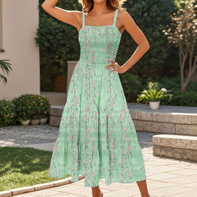 KIHOUT Robes Maxi à Bretelles Spaghetti pour Femmes Décontractées Imprimées Robe d'Été pour Femmes Plissée Plage Ligne A Fluide Robe d'Été