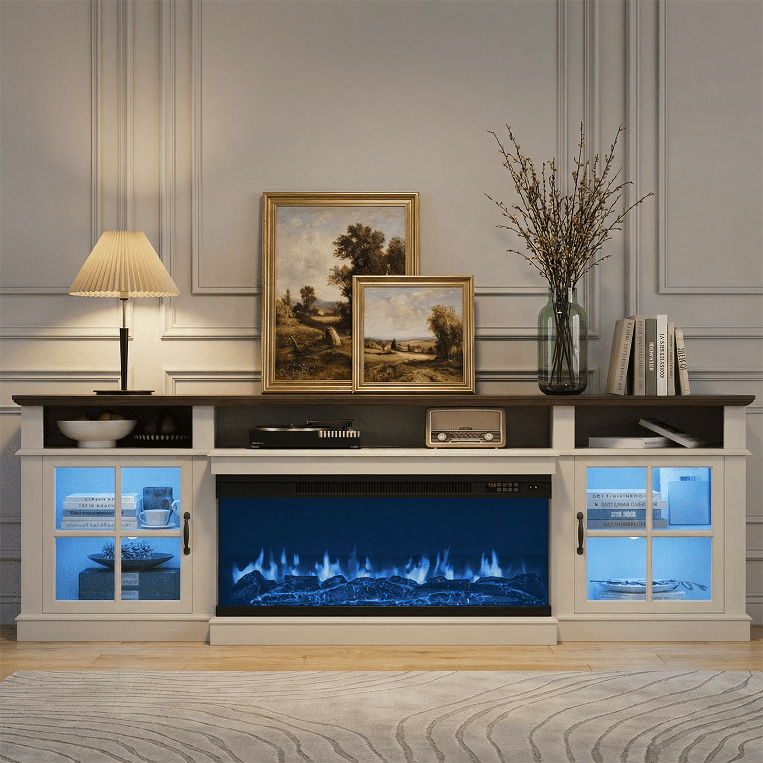 BaPiPro 80" Farmhouse Fireplace TV Stand for TVs Up to 90", Entertainment Center with 3-Sided 36" Electric Fireplace & LED Lights, 2 Drawers & 2 Storage Cabinet, White