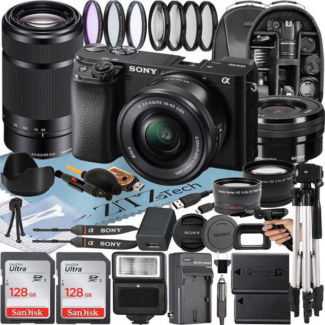 Cámara sin Espejo Sony a6100 con Lente de 16-50 Mm y 55-210 Mm Trípode Pack de 2 Tarjetas de Memoria de 128 Gb Flash Mochila Paño ZeeTech