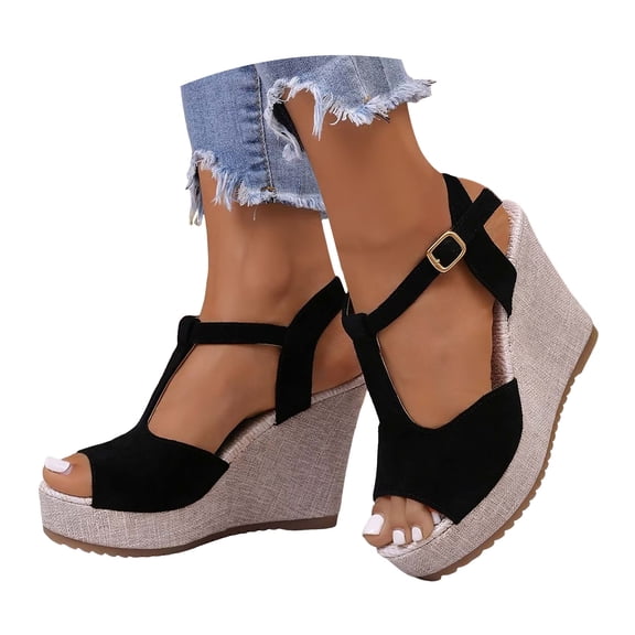 Rokment Womens Platform Wedge Dressy Sandals Stylish Casual Leopard Suede Peep Toe Ankle Strap Linen Chunky High Heels Gladiator Summer Dress Shoes Black Size 6.5