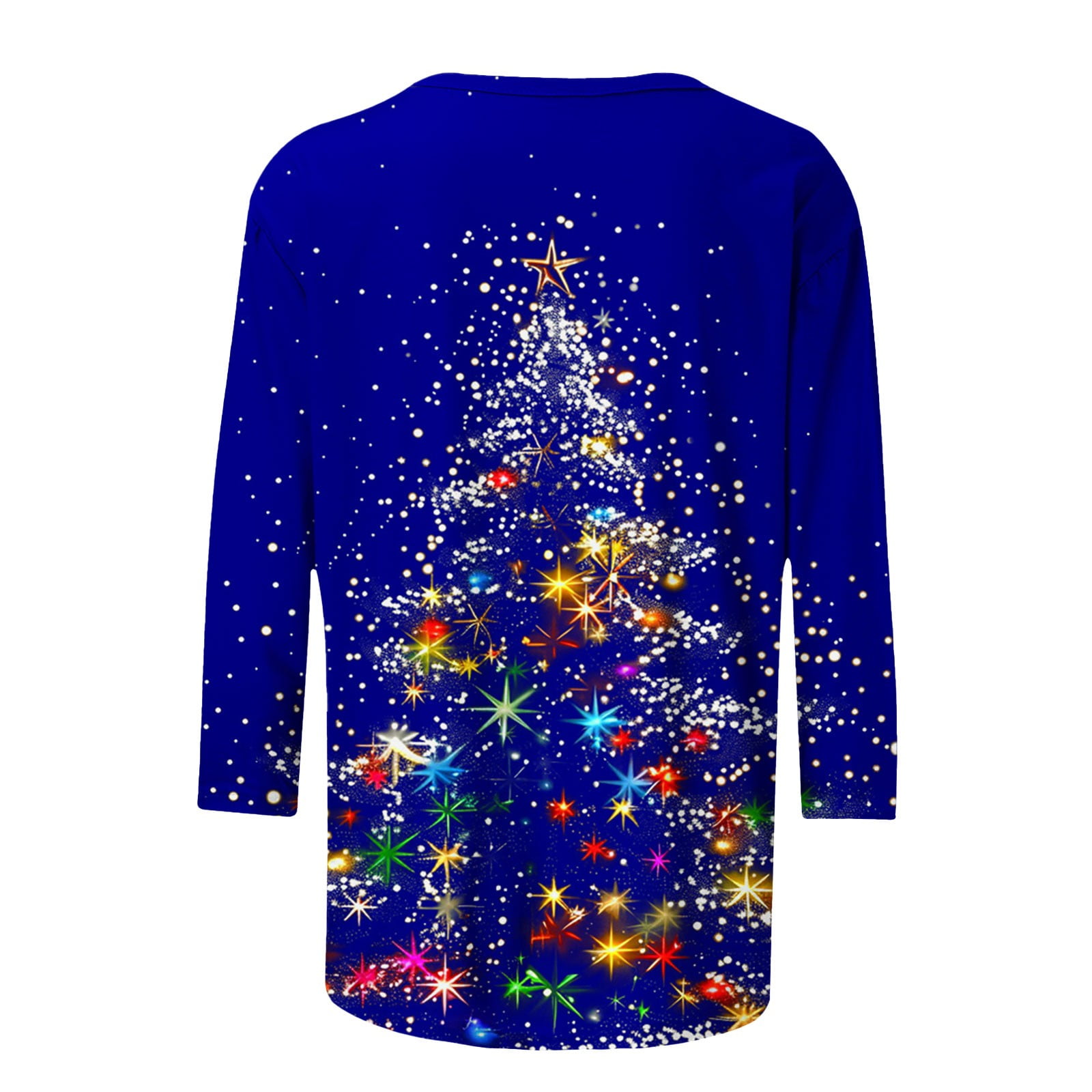 JURANMO Sales Prime Womens Christmas 3/4 Sleeve Crew Neck T-Shirts Glitter Xmas Trees Graphic Tees Tops Loose Fit Pullover Blouse Blue XXXL