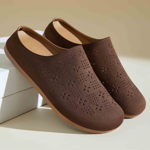 Xdegoge Slip On Shoes for Women Closed Toe Flat Mules Laser Cut Perforated Upper Faux Suede Classic Everyday Walking Casual Fashion Footwear