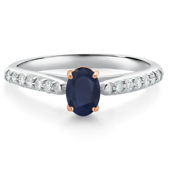 Gem Stone King 925 Silver and 10K Rose Gold Blue Sapphire and White Lab Grown Diamond Engagement Ring for Women (0.74 Cttw, Oval 6X4MM, Gemstone September Birthstone, Size 8)