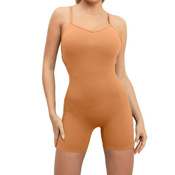 Wycnly Womens Jumpsuits Knitted Ribbed Slim One Piece Sports Strap Short Overalls Jumpsuits Trendy Solid V-Neck Sleeveless Mini Summer Rompers Brown l