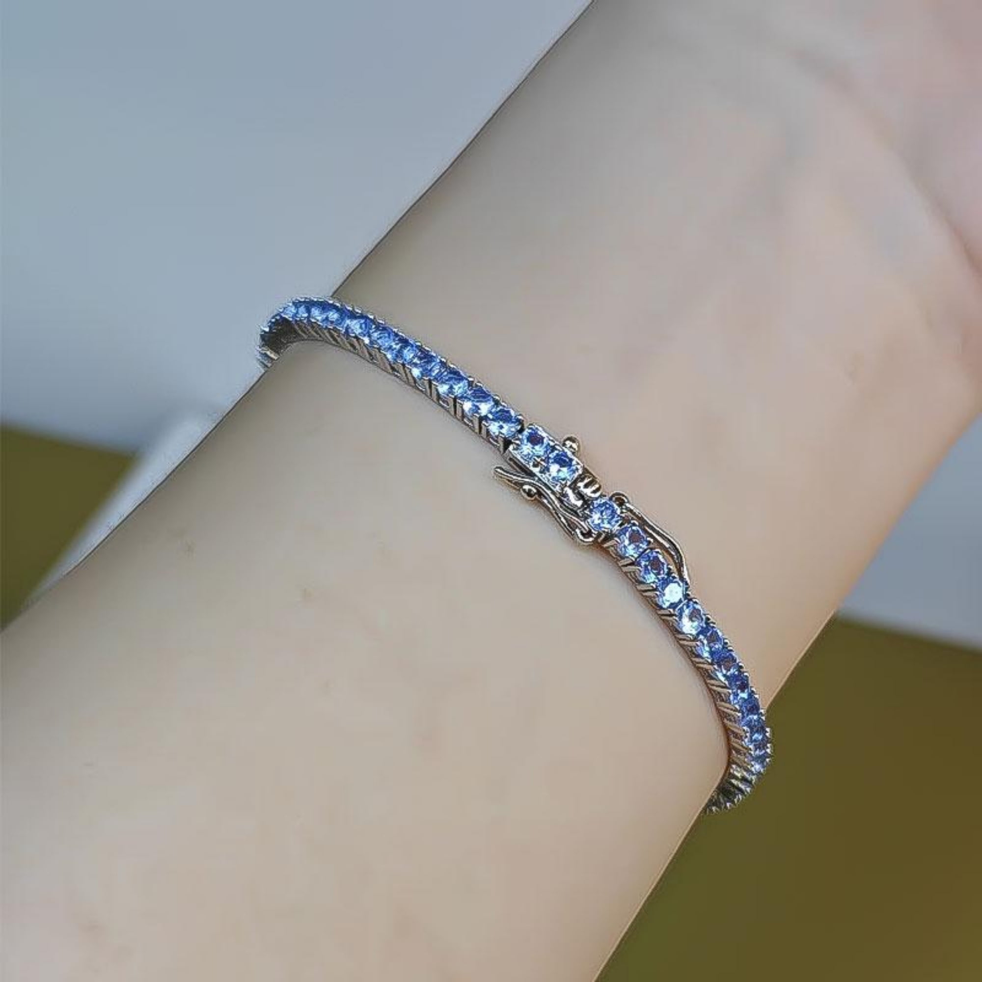 KIJ 14K White Gold Plated 3mm Round Cut Tanzanite Tennis Bracelet Jewelry Valentine's Day Gifts for Men Women