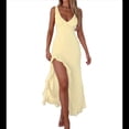 thumbnail image 3 of Vestido de Cóctel para Mujer, Maxivestido Informal Ajustado con Escote en V, Sin Mangas, de con Dobladillo con Volantes, Espalda Descubierta y Abertura Alta. Amarillo M, 3 of 8