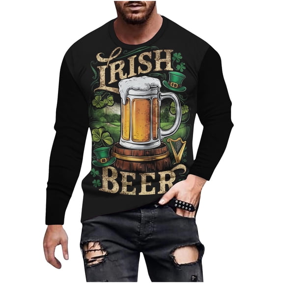 Mens St. Patricks Day T-Shirts Casual Big&tall Long Sleeve Crewneck Green Graphic Loose Comfortable Pullover Tops (XL, Black)